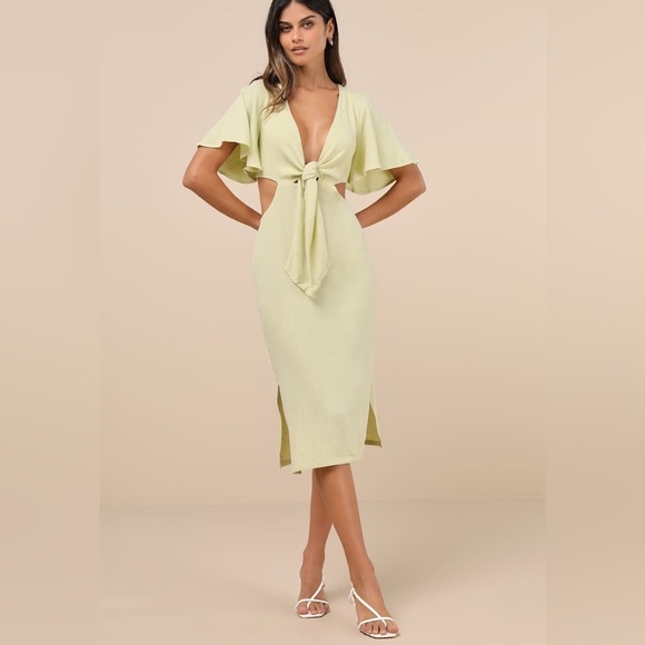Summer Journey Light Green Tie-Front Cutout Midi Dress vacation Size large - Picture 5 of 8